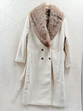 LOFT Cream Long Coat with faux fur Removable collar Wool blend Size M New